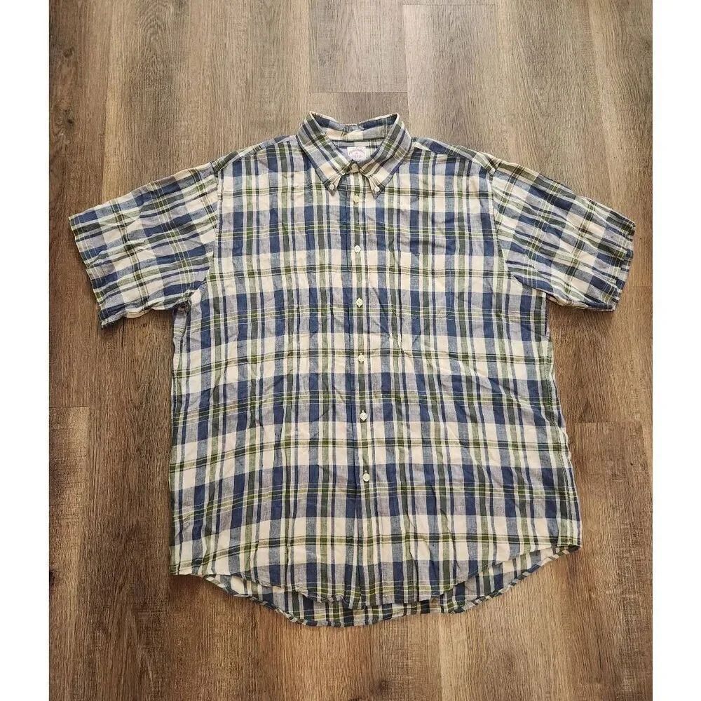 Brooks Brothers 100% Irish Linen plaid blue/green pocket shirt mens XL button up